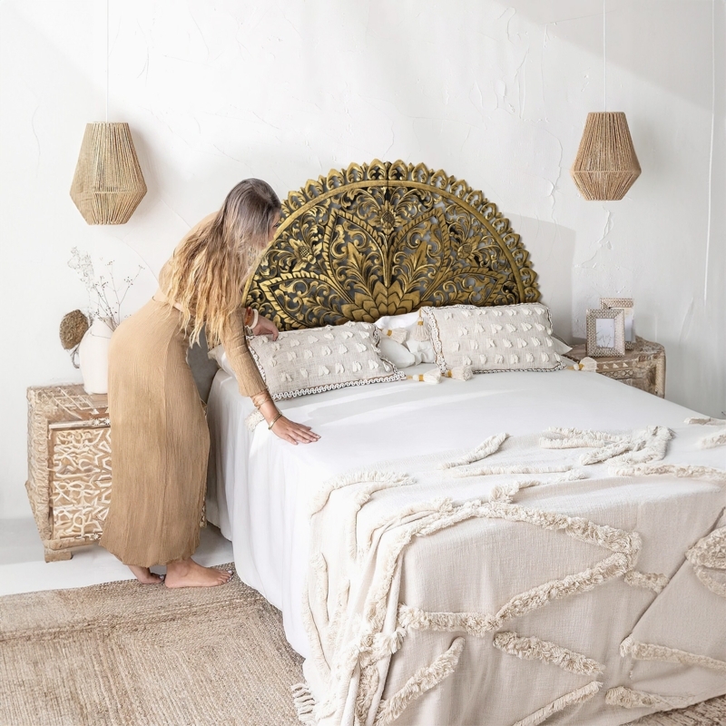 Carved Wood Mandala Headboard, Half-Moon Shape, Antique Gold Finish, Boho