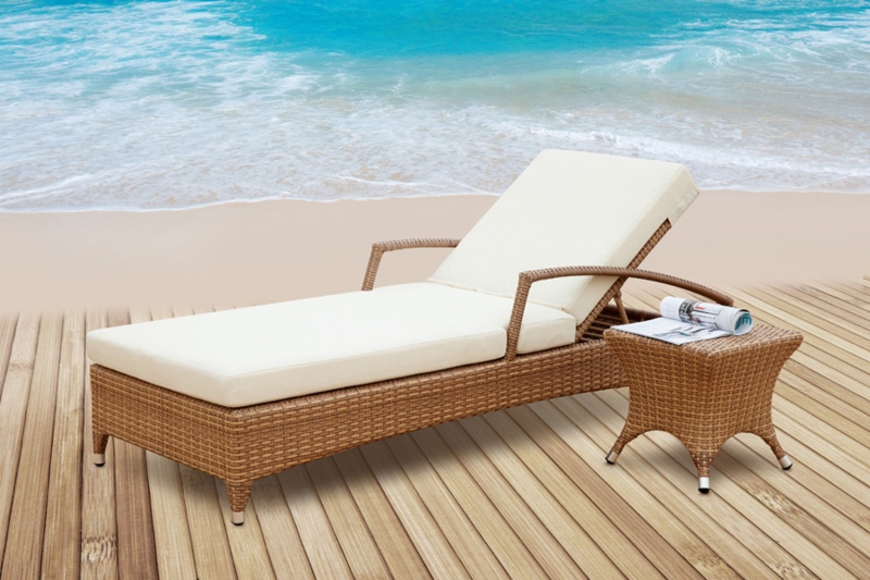 Chaise Lounge Vertical Slatted Base Wood Toned Thick White Upholstery