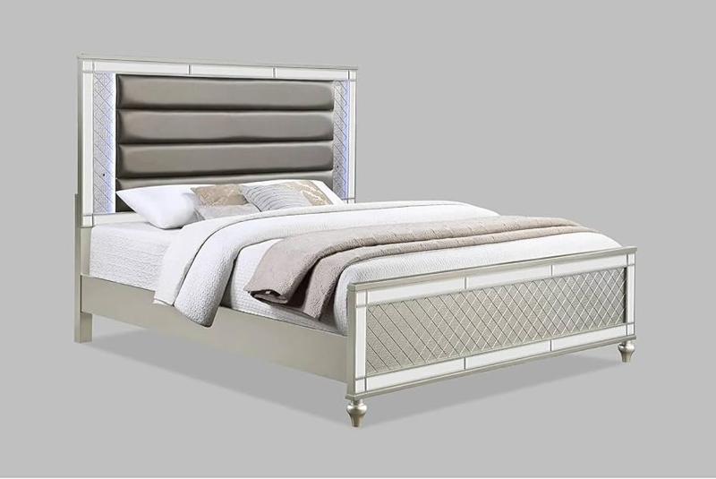Champagne Panel Bed With LED Backlit Headboard And Silver Trim