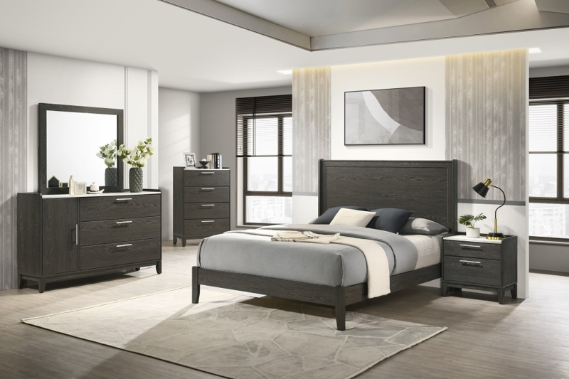 Charcoal Finish Bedroom Set with Panel Headboard Transitional Style