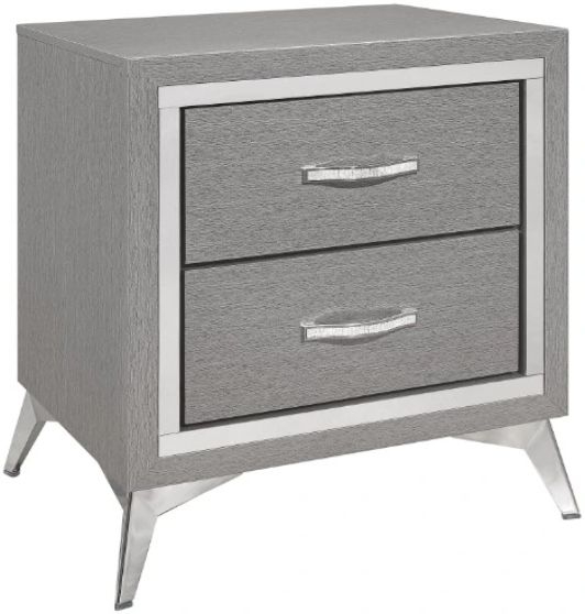 Charcoal Gray Nightstand with Textured Wood Grain and Silver Pulls