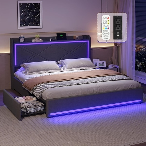 Charcoal Gray Upholstered Bed Frame with Integrated Headboard Shelf
