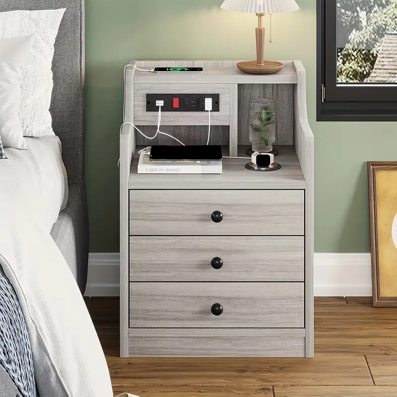 Charcoal Grey Nightstand with Open Hutch, Two Drawers, Charging Station