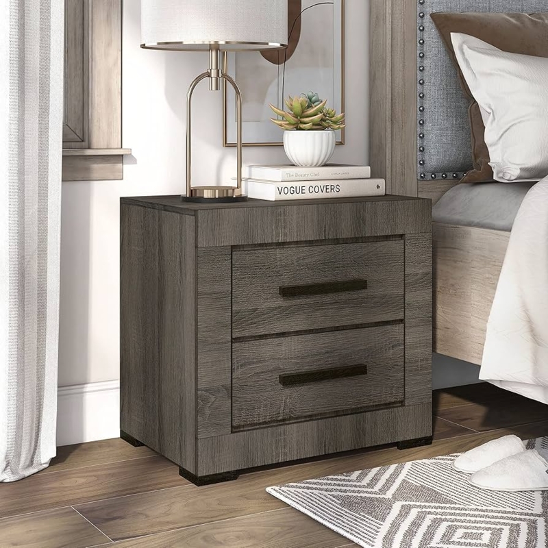 Charcoal Grey Nightstand with Two Drawers and Tapered Legs