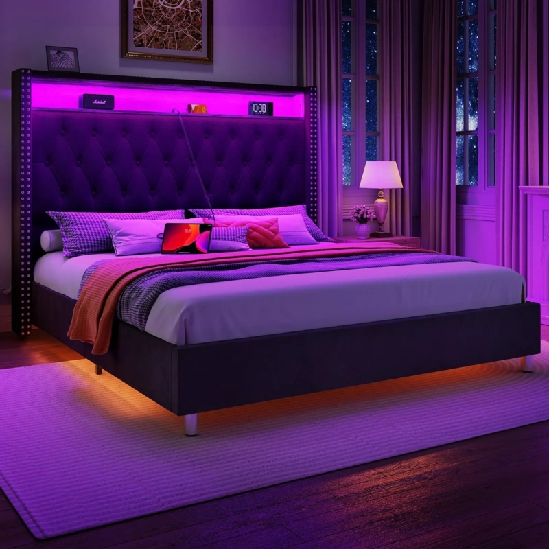 Charcoal Grey Wingback Bed Frame with Storage Headboard and LEDs