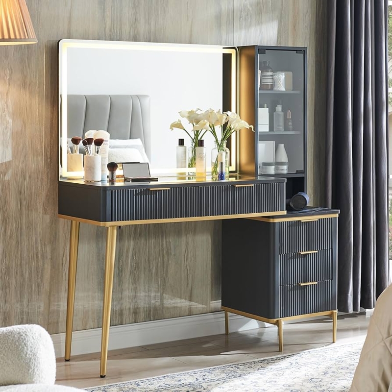 Charcoal Makeup Vanity Desk, Fluted Drawers, Glass Top, Modern Glam Design.