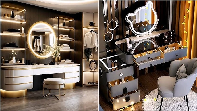 Charcoal Makeup Vanity Stone-Like Top with Circular Backlit Mirror
