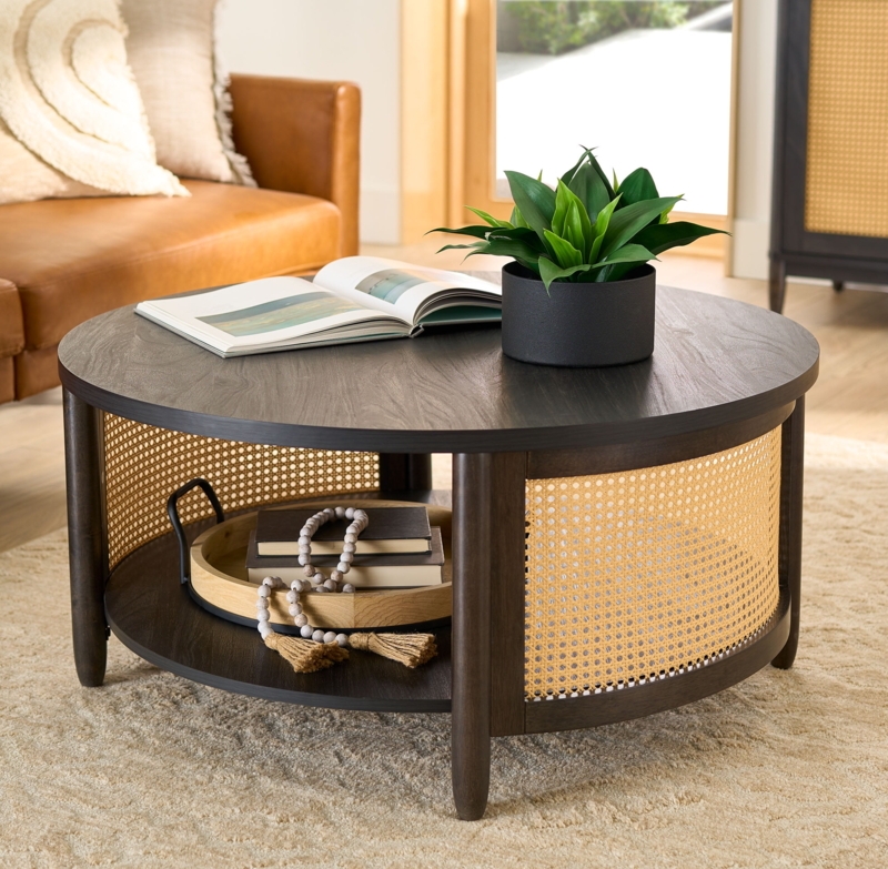 Charcoal Rectangular Coffee Table Woven Cane Shelf Tapered Legs