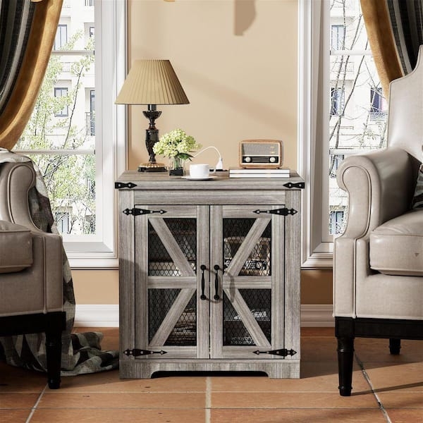 Charging Station End Table, Mesh Door, Rustic Nightstand