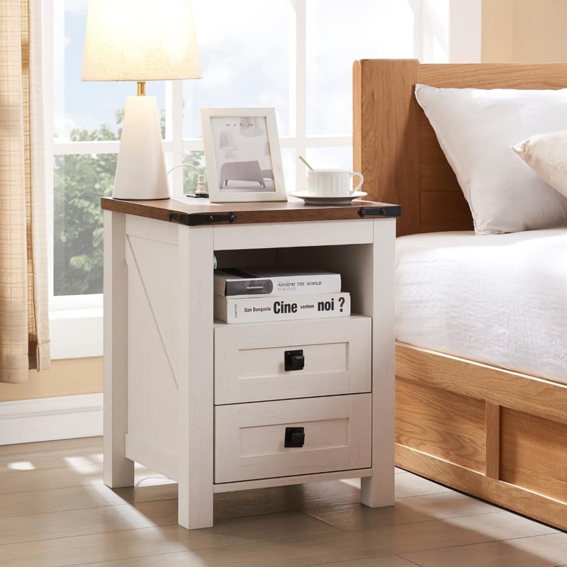 Charging Station Nightstand with USB Ports and Fabric Storage Bin