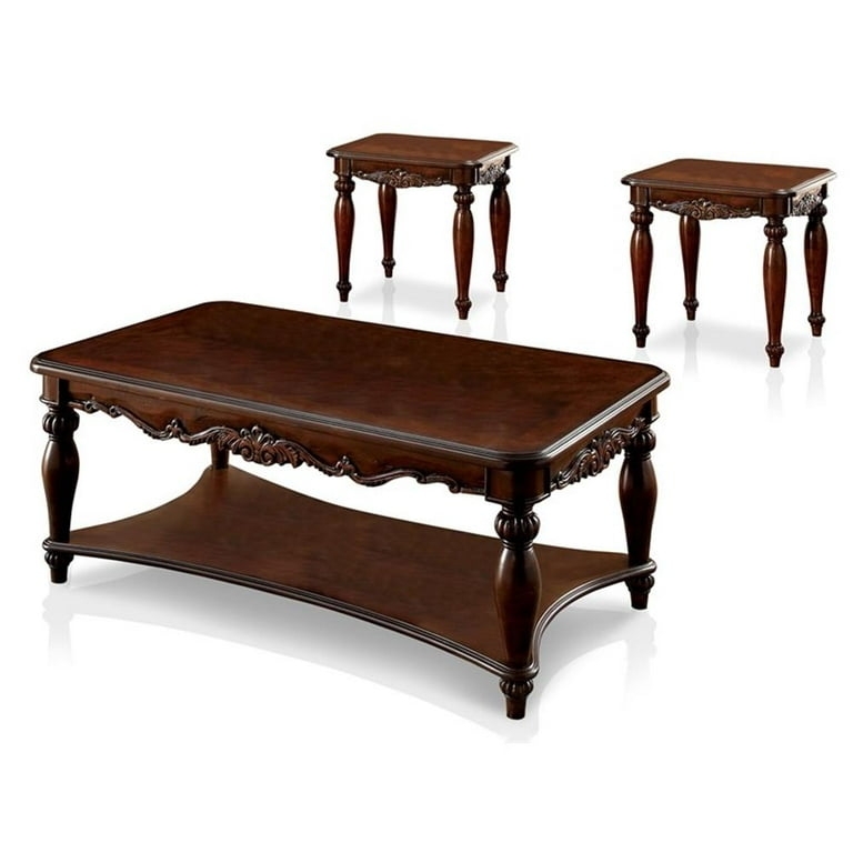 Cherry Coffee Table Set Wood Carved Details 3-Piece