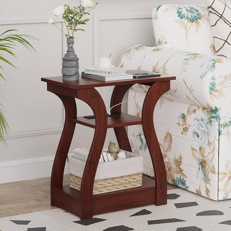 Cherry End Table with Charging Station 3 Tier Shelf