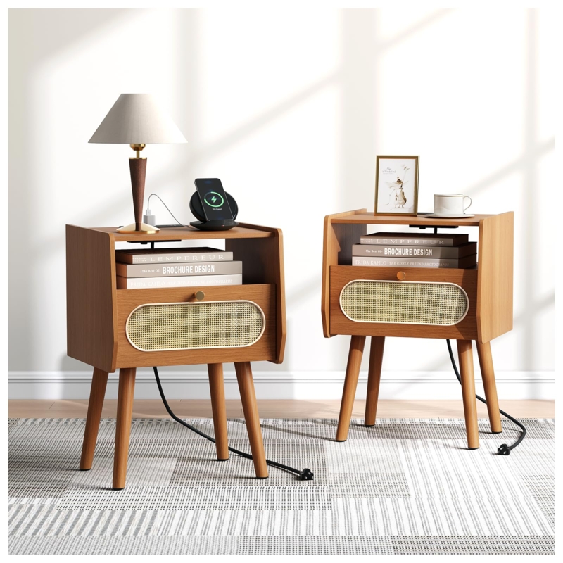 Cherry Nightstand Set with Rattan Drawers and Charging Station