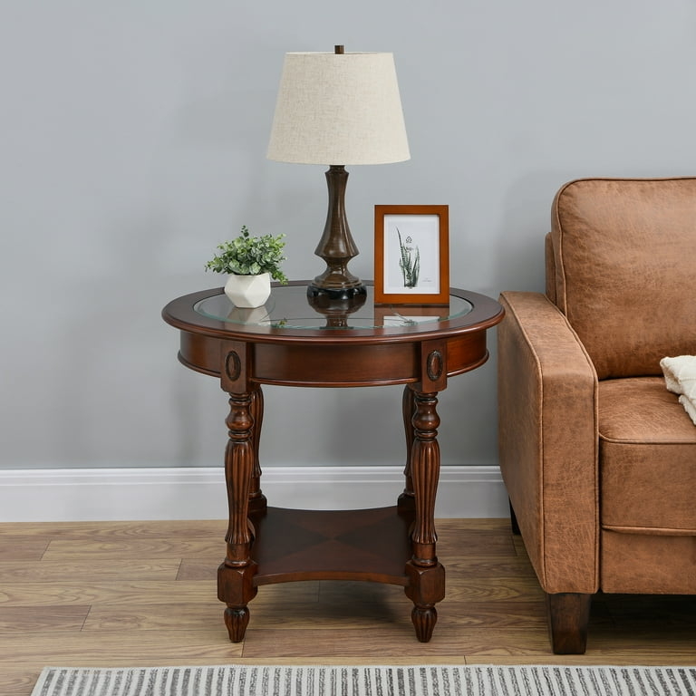Cherry Walnut Wood End Table: Traditional Oval Glass Top
