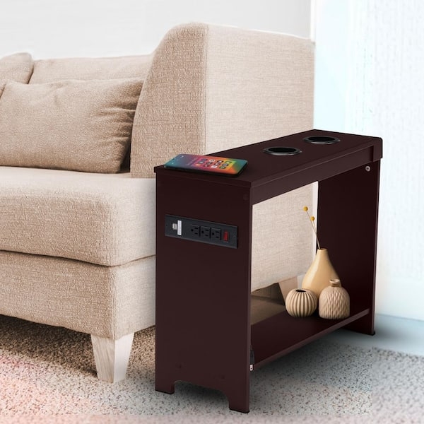 Cherry Wood End Table with Charging Station and Storage Cabinet