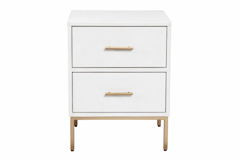 Chic White Nightstand featuring Geometric Gold Hardware and Sled Base