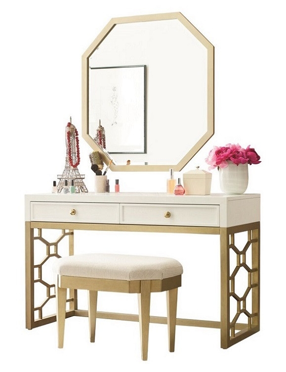 Chic White Vanity with Circular Gold Mirror and Slender Legs