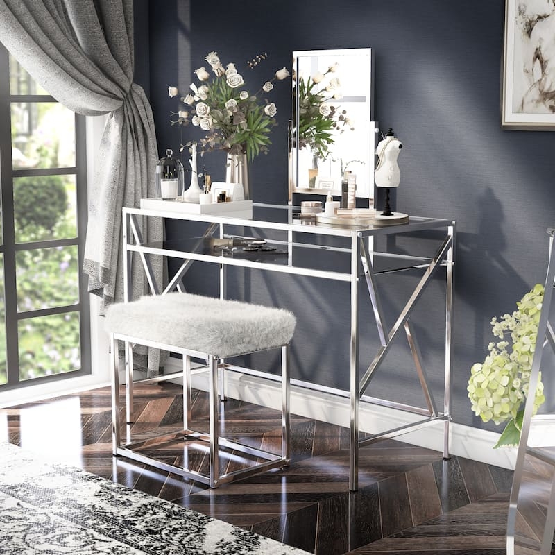 Chrome Vanity Set, X-Cross Frame, White Faux Fur Stool, Glass Top, Modern.