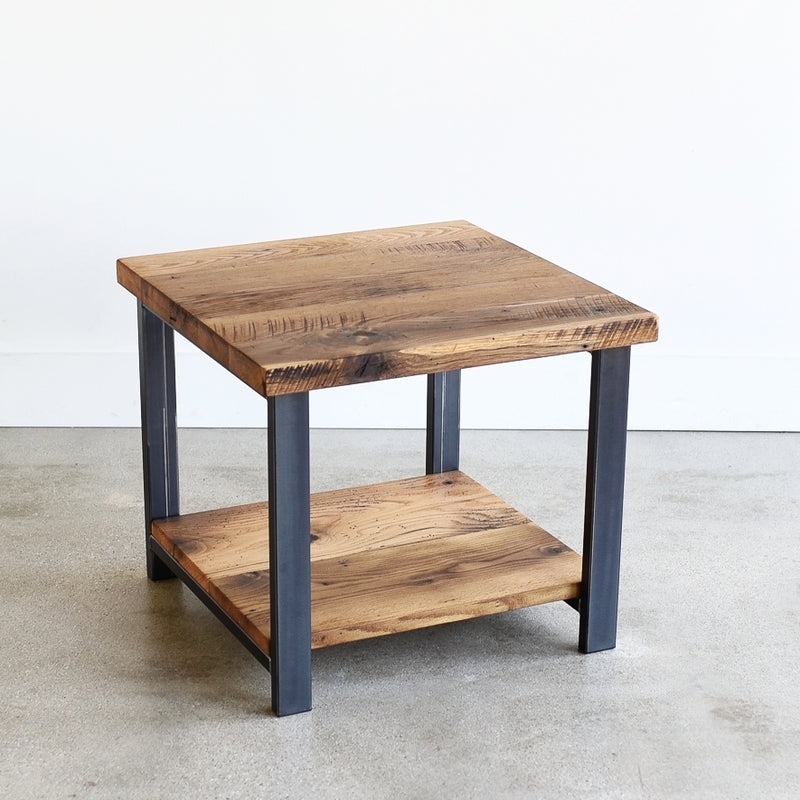 Chunky Wood Slab End Table Industrial Metal Frame Lower Shelf