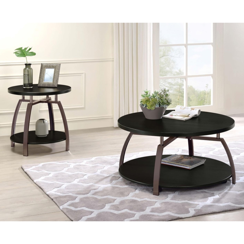 Circular End Table Polished Black Nickel Frame Two-Tier Design