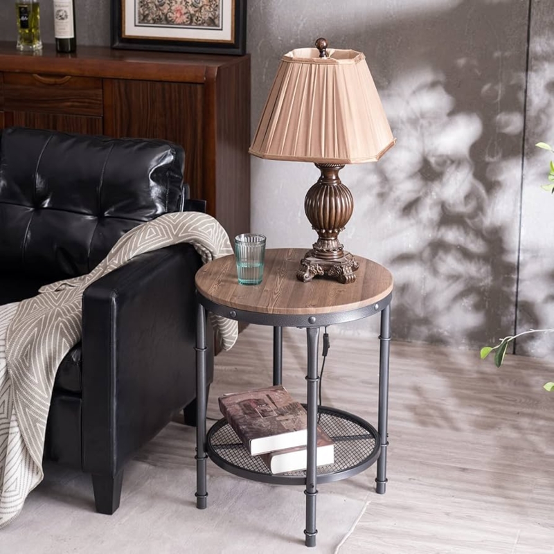 Circular End Table with Lower Mesh Shelf and Black Metal Frame.