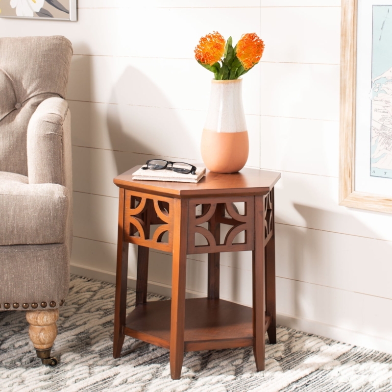 Coastal Hexagonal End Table with Geometric Shell-Like Inlay Pattern