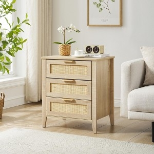 Coastal Nightstand: 3 Rattan Weave Drawers, Tapered Dowel Legs