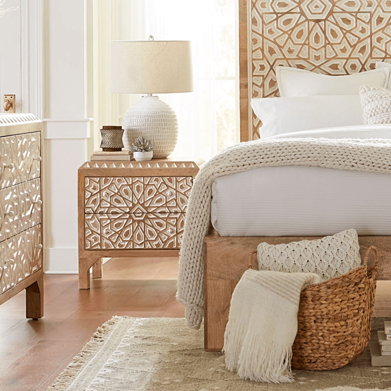 Coastal Off-White Nightstand: Woven Rattan Drawer and Open Shelf