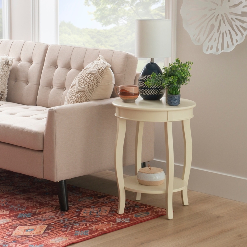 Coastal Round End Table with Slender Legs and Lower Shelf
