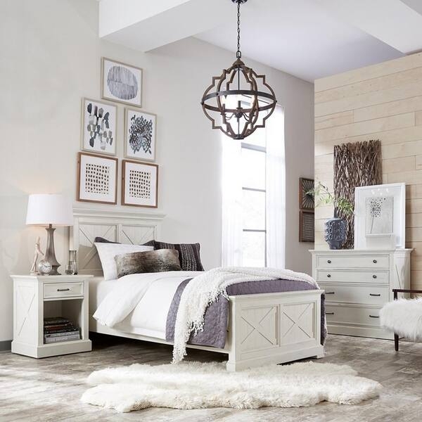 Coastal White Twin Bedroom Set with Shutter Panels and Wood Tops