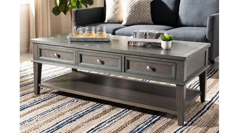 Coffee Table Ash Grey Wood Plinth Base Integrated Drawers