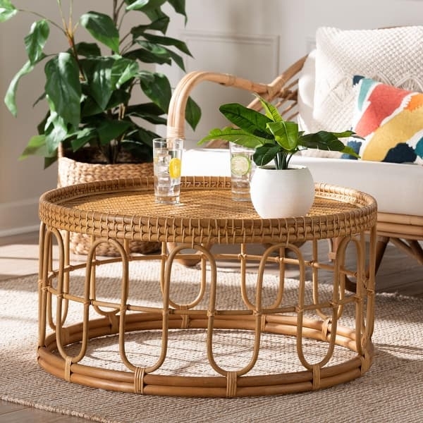 Coffee Table Barrel Shape Woven Rattan Honey Natural Bohemian Coastal
