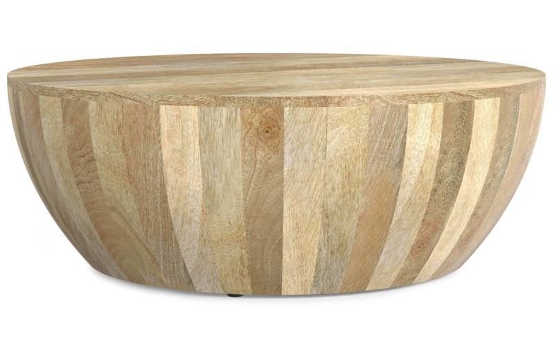 Coffee Table Black Drum Base Textured Wood Modern Industrial
