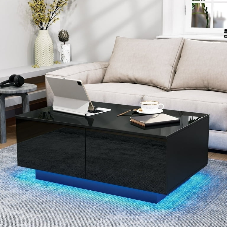 Coffee Table Black High Gloss, Blue LED Lighting, Four Storage Drawers.