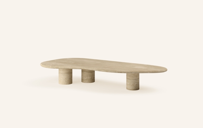 Coffee Table, Chunky Legs, Stone-Like Finish, Sculptural Silhouette.