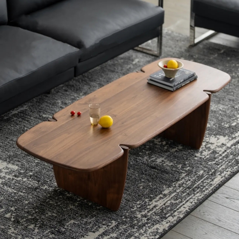 Coffee Table, Chunky Pedestal Legs, Low Profile Wood Toned, Satin Finish.