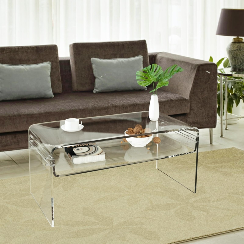 Coffee Table Clear Acrylic Rectangle Integrated Storage Shelf