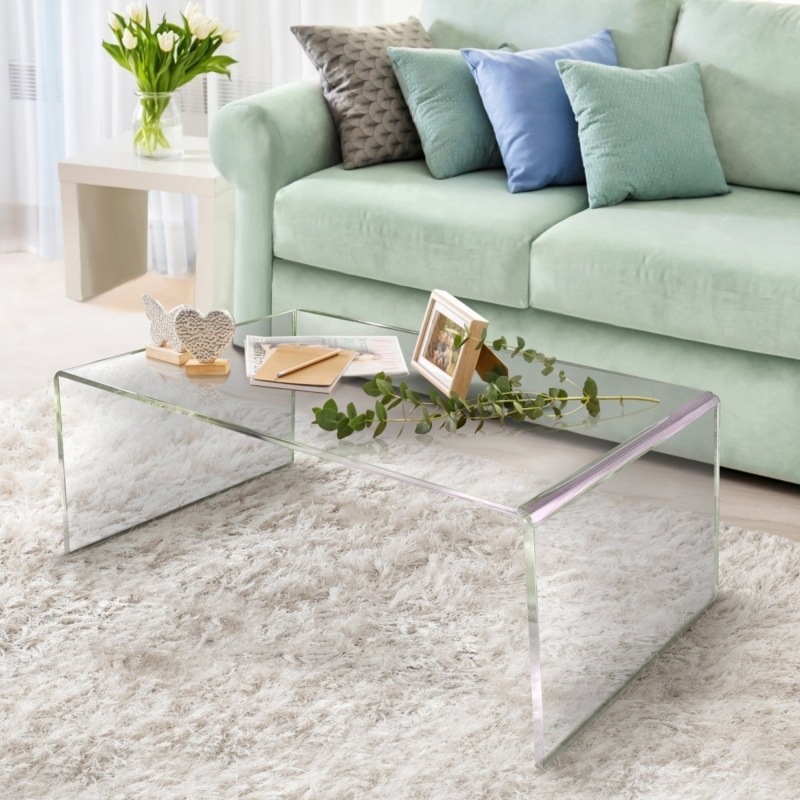 Coffee Table Clear Acrylic Waterfall Thick Slab Top Minimalist