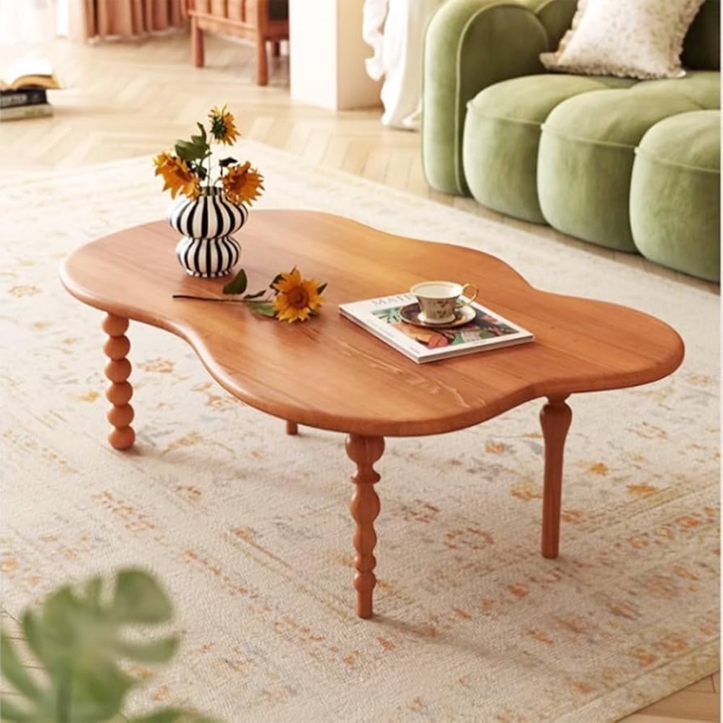 Coffee Table, Cloud Shape Top, Turned Carved Legs, Light Oak Wood Tone.