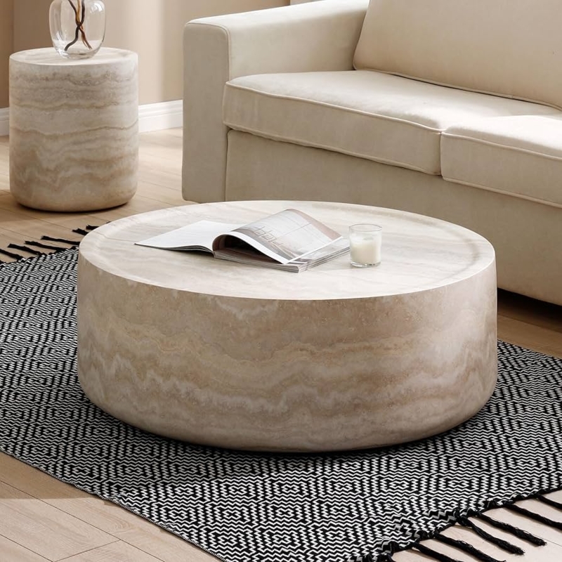 Coffee Table Cylindrical Pedestal Base Stone Like Finish Pitted Texture