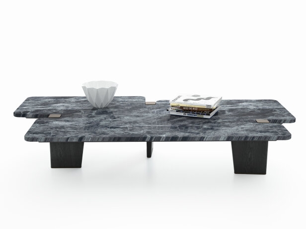 Coffee Table, Dark Wood Grain, Thick Tripod Legs, Japandi Style Finish.