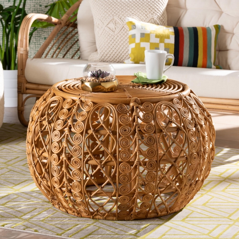 Coffee Table Drum Base Woven Rattan Cane Natural Brown Bohemian Coastal