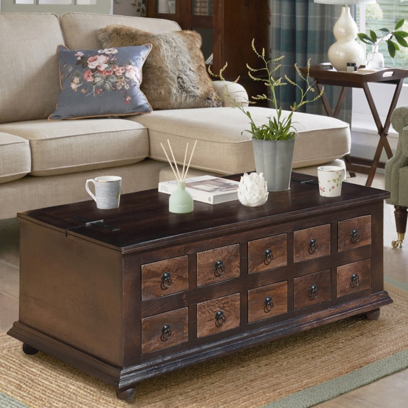 Coffee Table Earthy Wood Metal Brackets Hinged Top Living Room Centerpiece