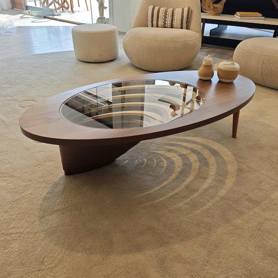 Coffee Table Elliptical Glass Top Sculptural Walnut Base MCM Style