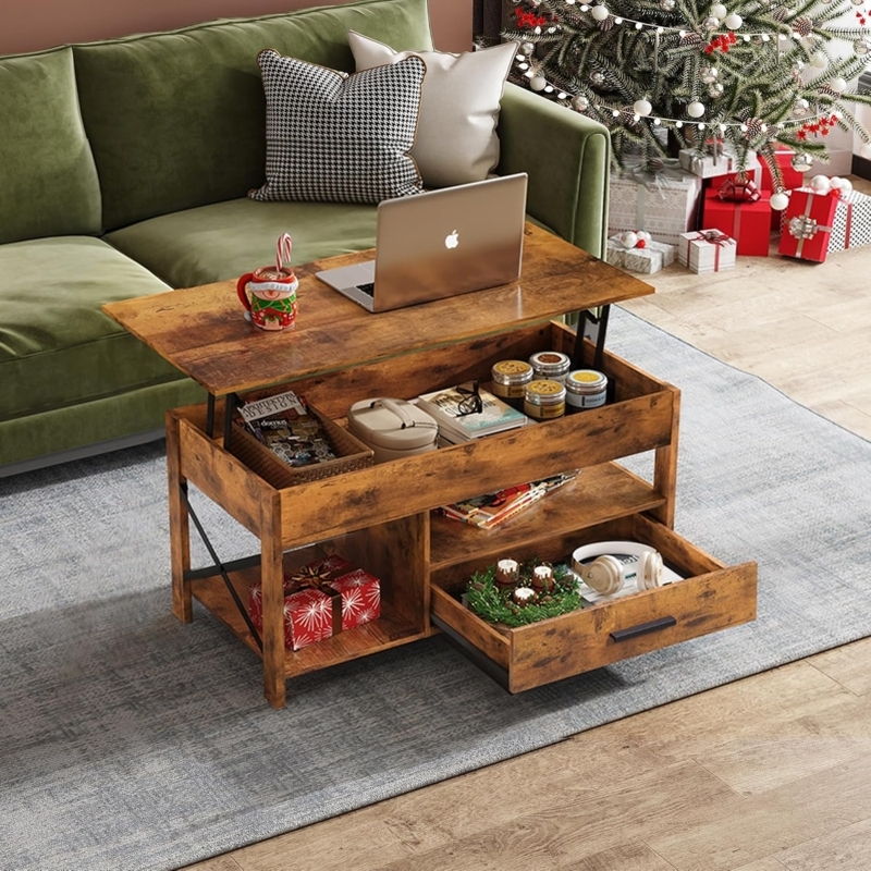 Coffee Table Espresso Rustic Lift Top Side Drawer