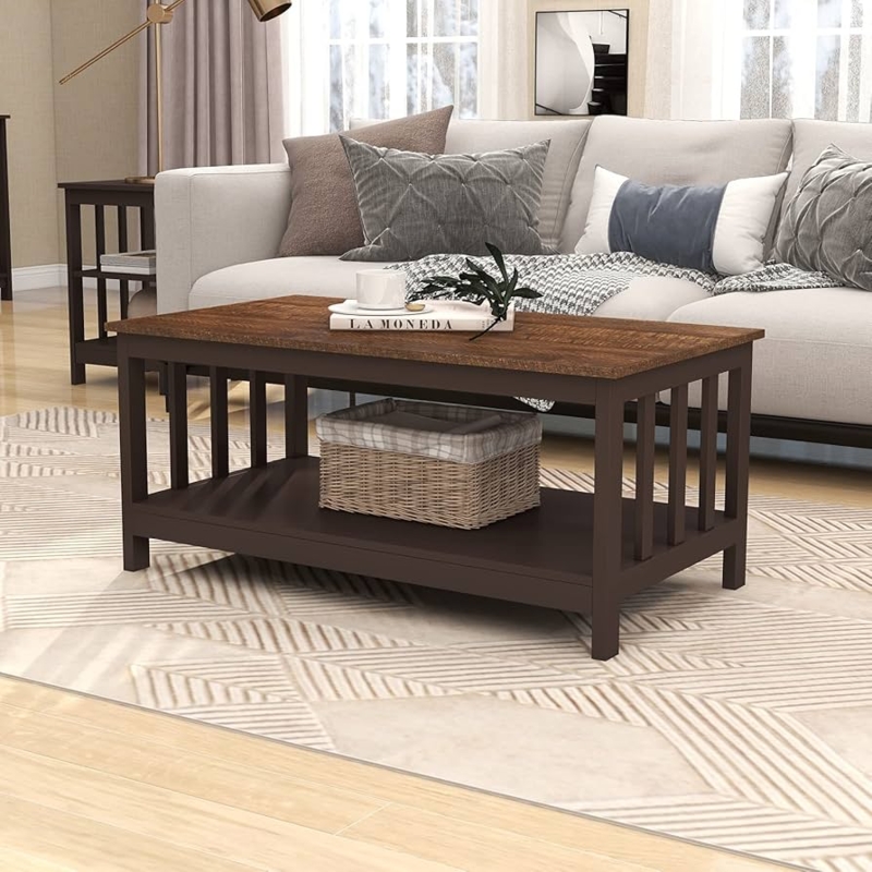 Coffee Table Farmhouse Rectangular Espresso Wood X Frame Sides Shelf Rustic