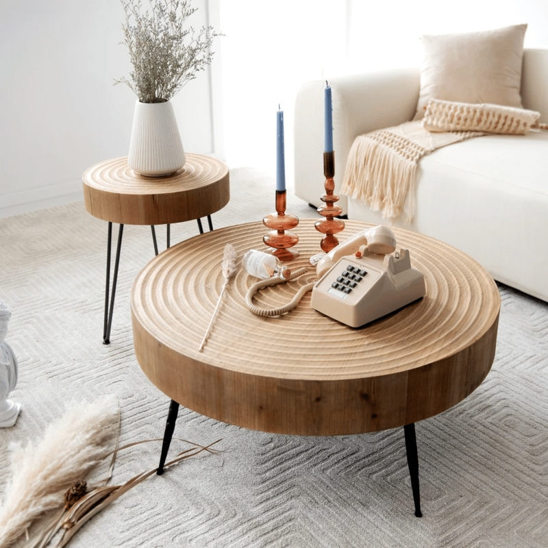Coffee Table Fluted Pedestal Base Round Light Wood Natural Scandi Boho