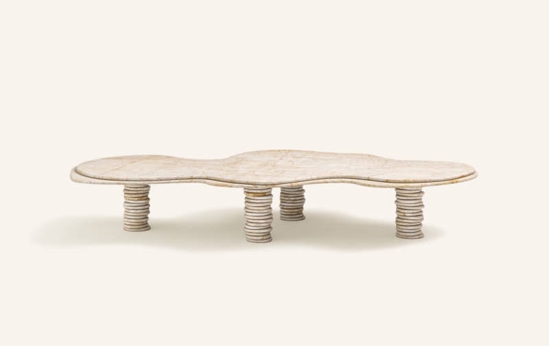 Coffee Table, Freeform Stone-Like Slab with Golden Veining, Minimalist.