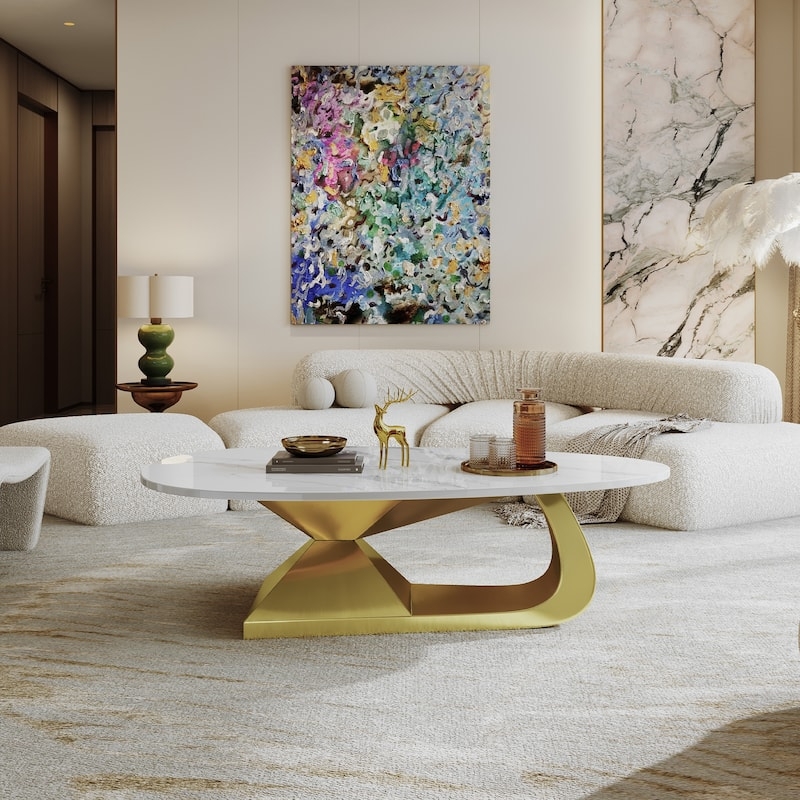 Coffee Table Geometric Gold Base Marble Pattern Top Polished Glam Style