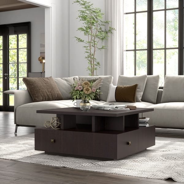 Coffee Table, Geometric Multi-Tiered Design with Cubby Storage